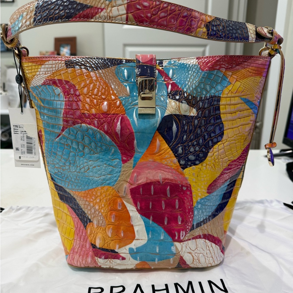 Brahmin Pink and Blue Shoulder Bag with Artistic Design